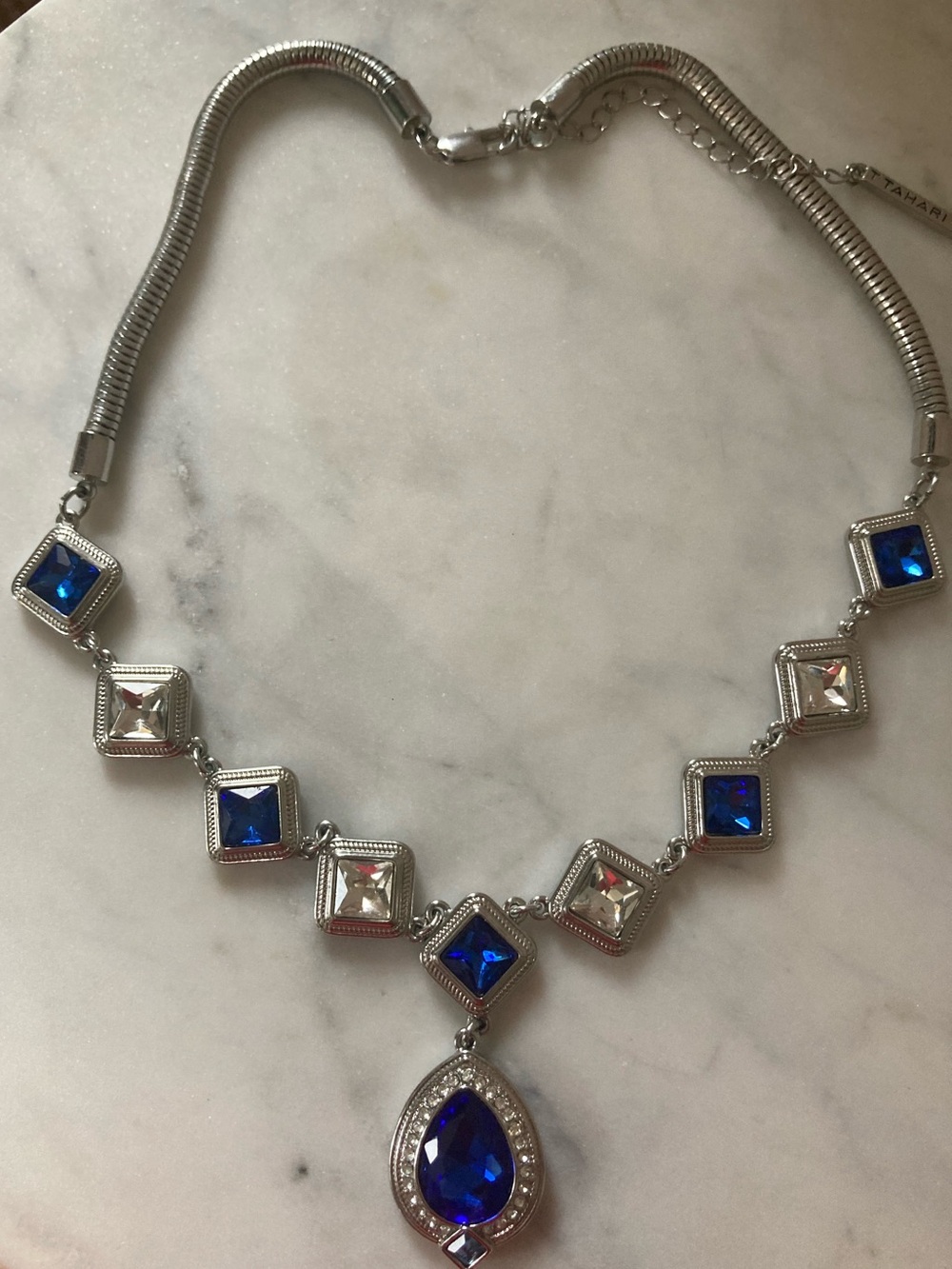 Silver-Tone Statement Necklace with Blue and Clear Gemstones